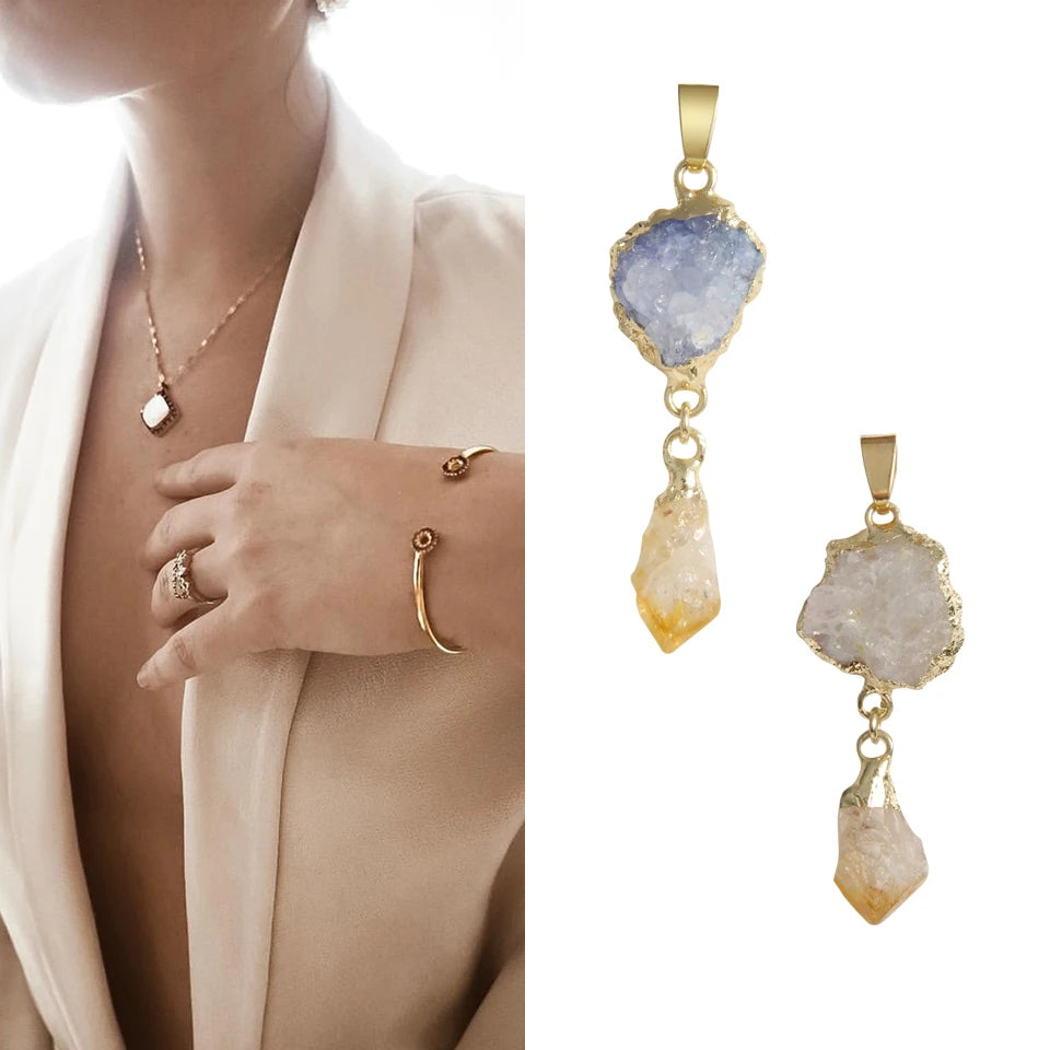 Wholesale Classic Style Natural Stone Citrine Pendants Gold Plated Crystal Druzy Pendant Nature-Inspired Druzy Jewelry