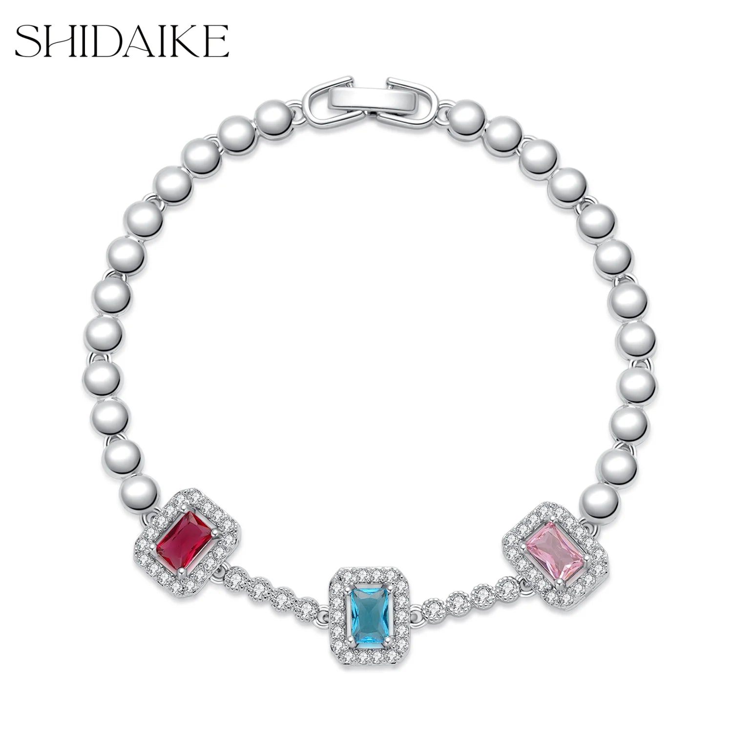 Women's White Gold Brass Bracelet with Rainbow Square Cubic Zirconia Elegant Fine Jewelry for Wedding Parties Gift