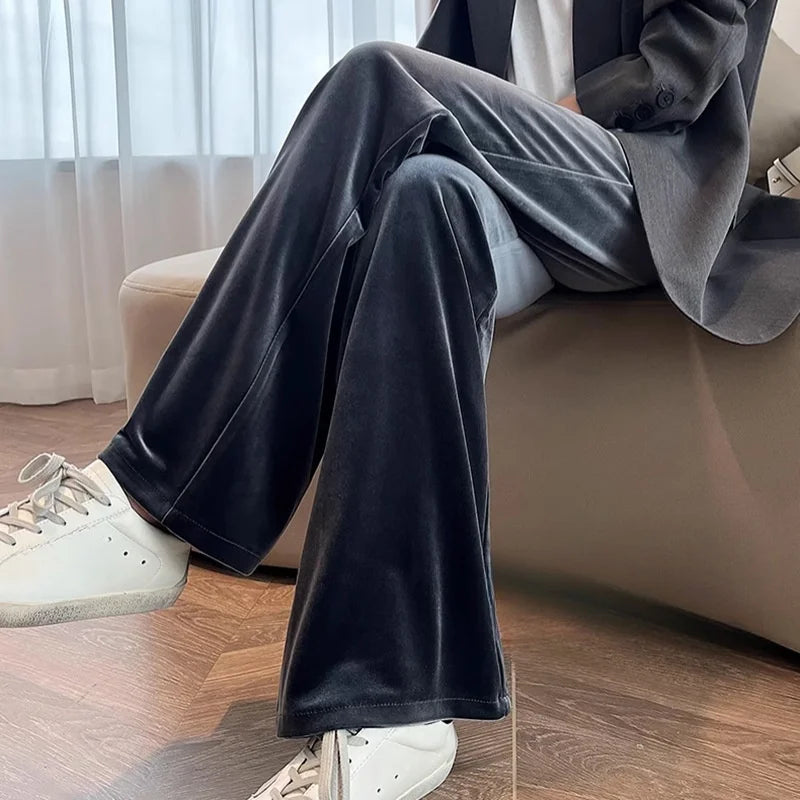 Spring Autumn Women Velvet Pants High Waist Loose Wide Leg Trousers Soft Smooth Lady Casual Long Pants