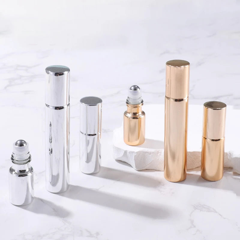 Cosmetic Serum Packaging Coated Glass Perfume Roller Bottles Essential Oil 5ml Roll on Bottle 10ml Gold Cap