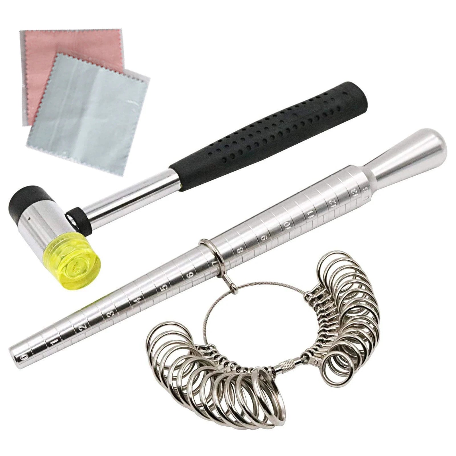 Effective Finger Gauge Measuring Purpose Metal Jewelry Tools Set Including Ring Size Mandrel Rod Polish Cloth for Jewelry Work
