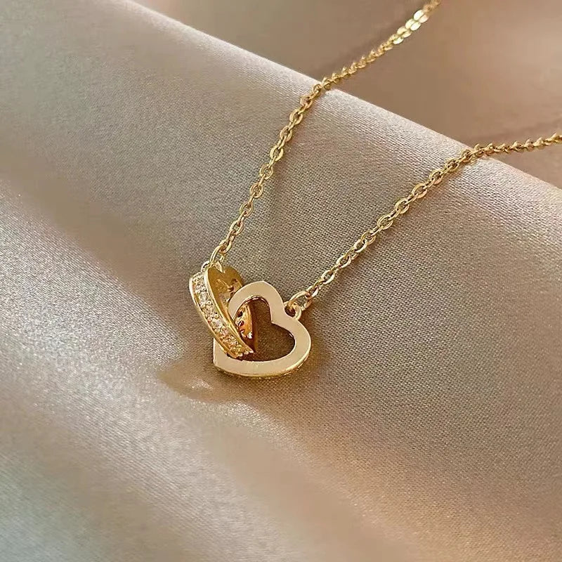 2023 New Design High Quality S925 Sterling Silver Gold Plated Romantic Double Heart Love Necklace