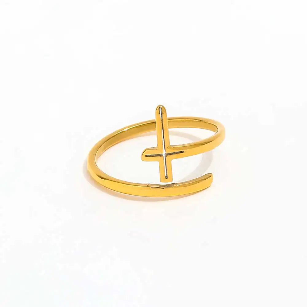 High-End 18K PVD Gold Plated Stainless Steel Hollow Cross Open Women's Ring Tarnish-Free Jewelry for Gifts