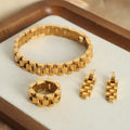Non-fading 18k Gold Plated Fashion Punk Jewelry Set Stainless Steel Watch Bracelet Ring Earrings for Women Ensembles
