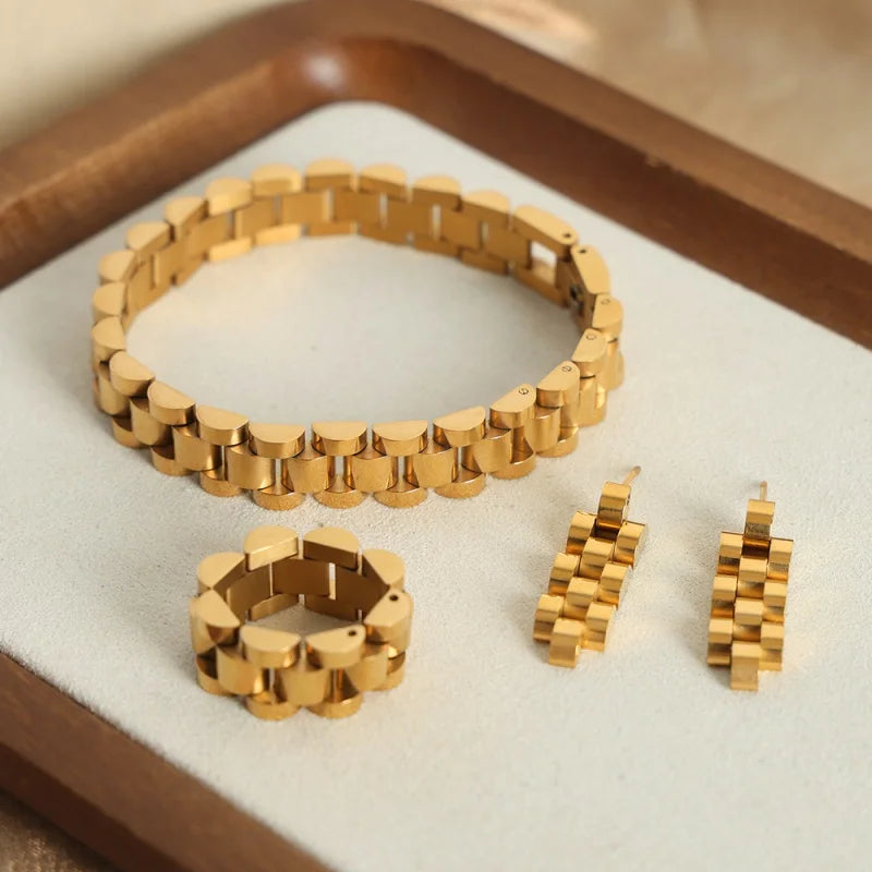 Non-fading 18k Gold Plated Fashion Punk Jewelry Set Stainless Steel Watch Bracelet Ring Earrings for Women Ensembles