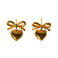 Romantic 18K Gold Plated Stainless Steel Bowknot Heart Pendant Dangle Earrings Trendy Stud Earrings for Women for Gift