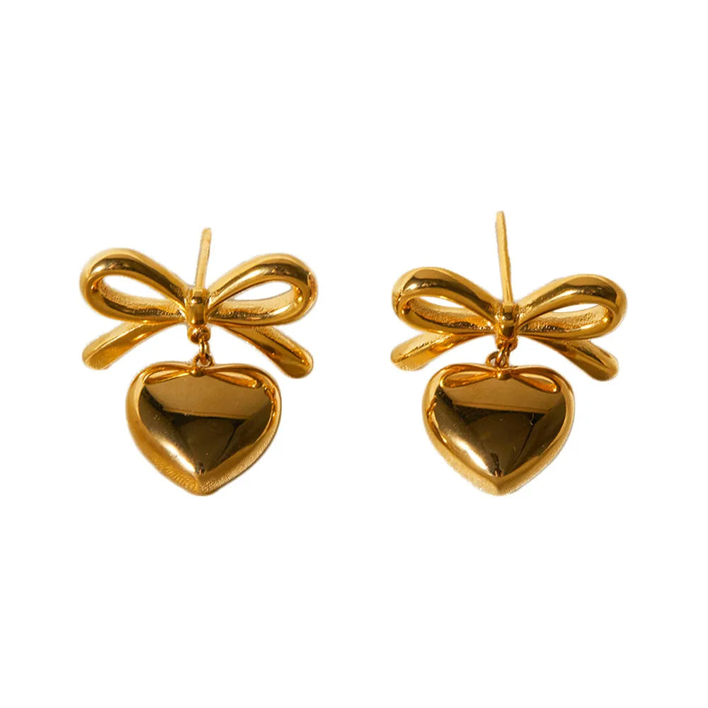 Romantic 18K Gold Plated Stainless Steel Bowknot Heart Pendant Dangle Earrings Trendy Stud Earrings for Women for Gift