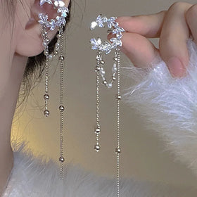 Korean Moons C Shape Long Tassel Cuff Earrings Fashion Brass Zircon Pearl Tassel Ear Clip Earrings Jewelry for Girl
