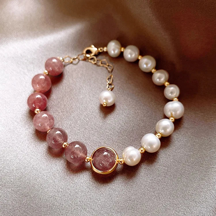 Girl Friend Gift Good Luck Charm Baroque Pearl Bracelets Strawberry Quartz Crystal Bracelet Women