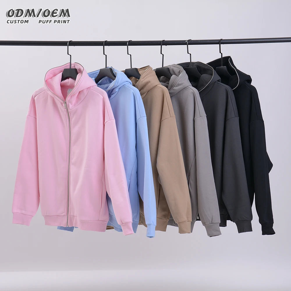 Heavyweight Blank Full Zip up Hoodie 430 Gsm Polar Fleece Hoodies Custom 3D Puff Print Full Face Zip up Hoodie