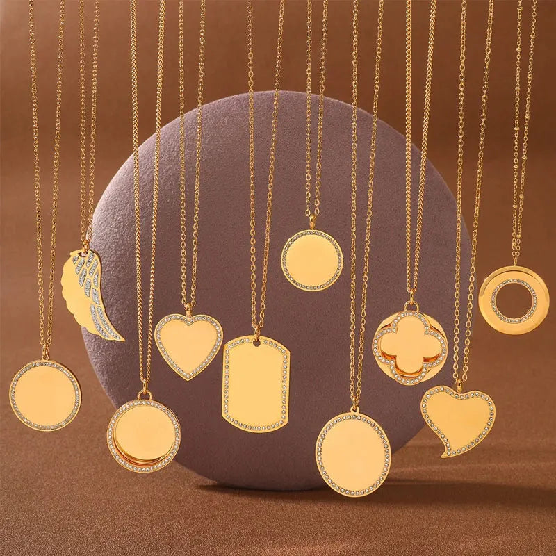 Custom logo Waterproof 14k 18k Gold PVD Plated 316l Stainless Steel Fine Jewelry Zircon Charm Blank Necklaces for Engraving