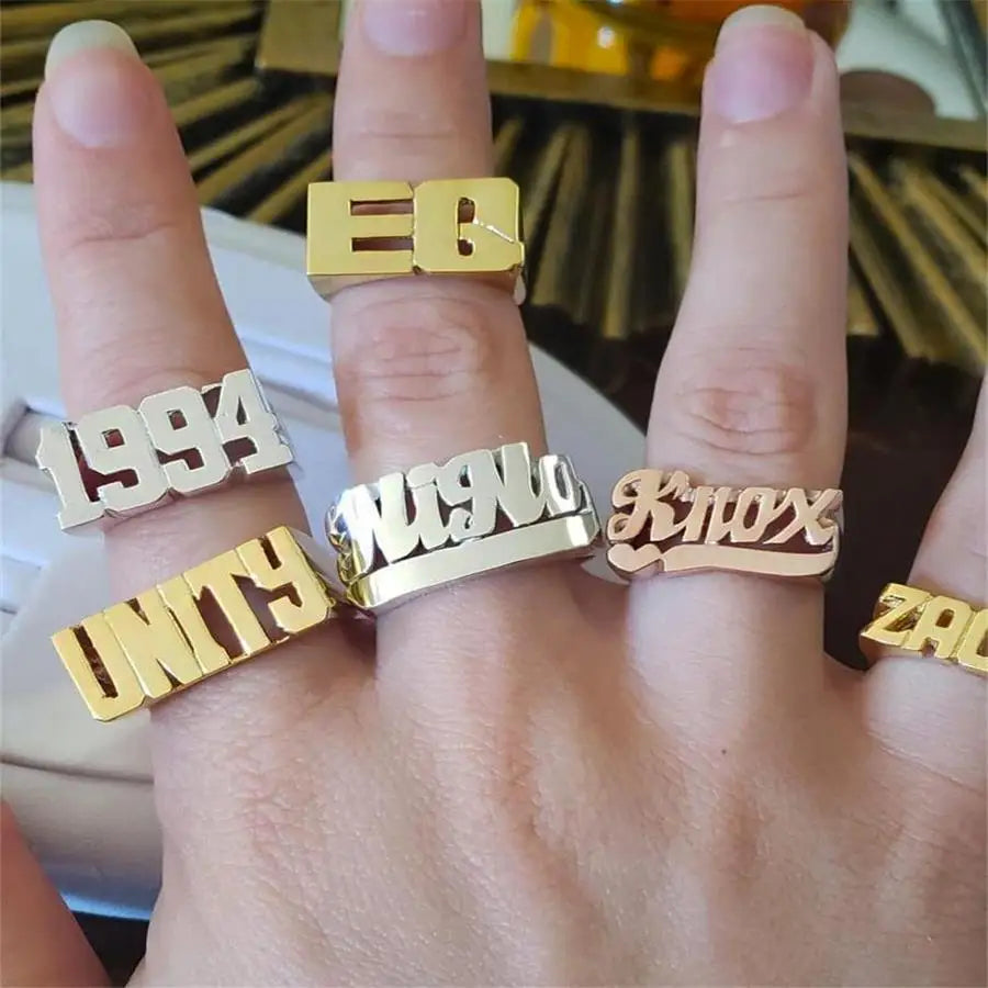 Hot Selling Two Bone Gold Plated Finger Custom Name Rings 3 D Name Letter Ring Jewelry Hip Hop