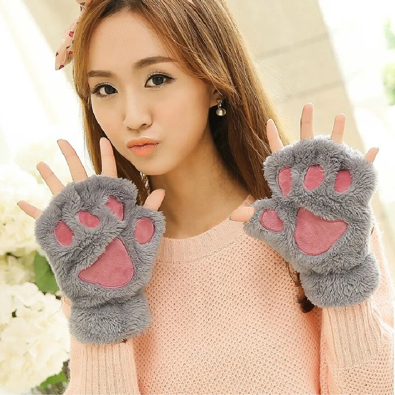 Wholesale Factory Hot Sale Cute Cat Kitten Paw Fingerless Faux Fur Plush Gloves for Girls Women