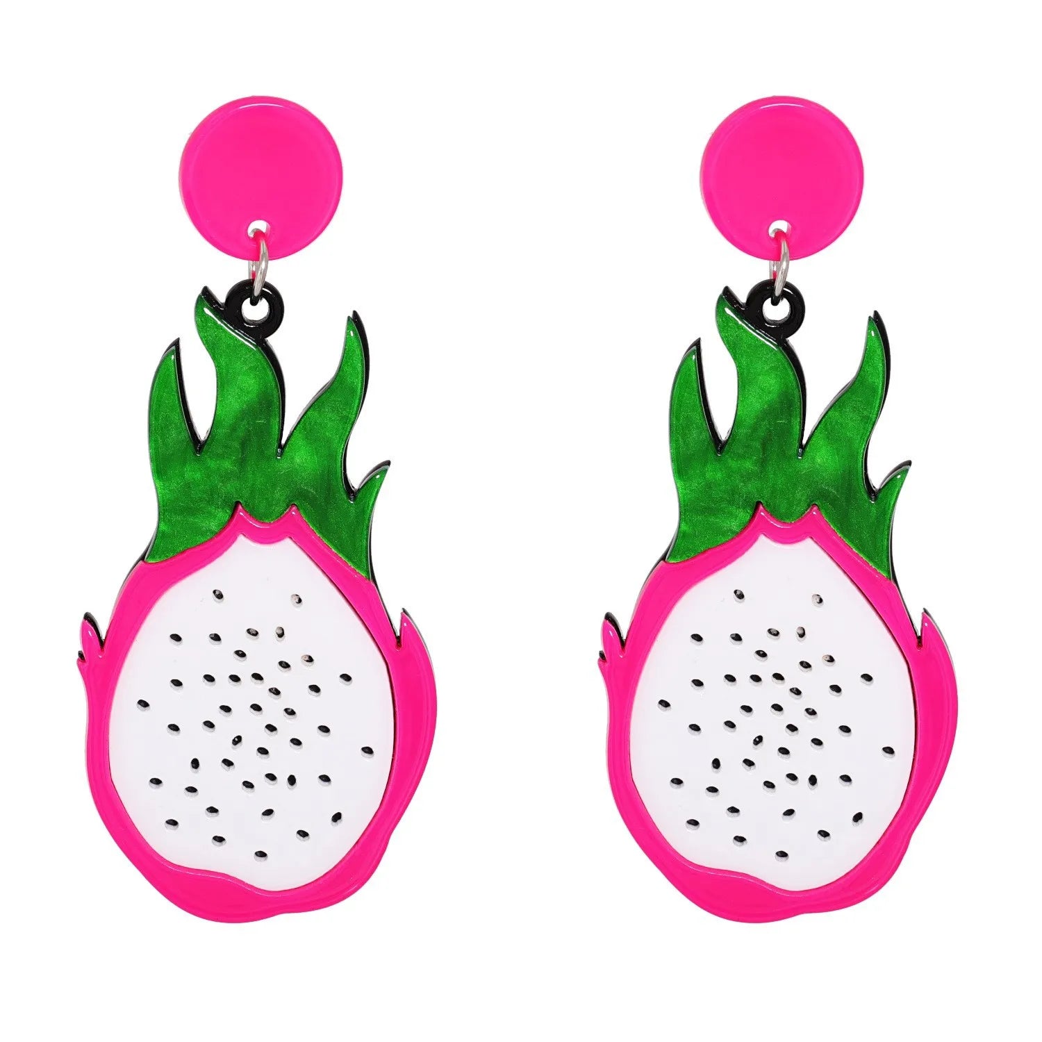 Simple Sweet Fruit Pendant Resin Earrings Pitaya Acrylic Drop Earrings Party Jewelry Green Leaf Black Speckled White Pink 1 Pair