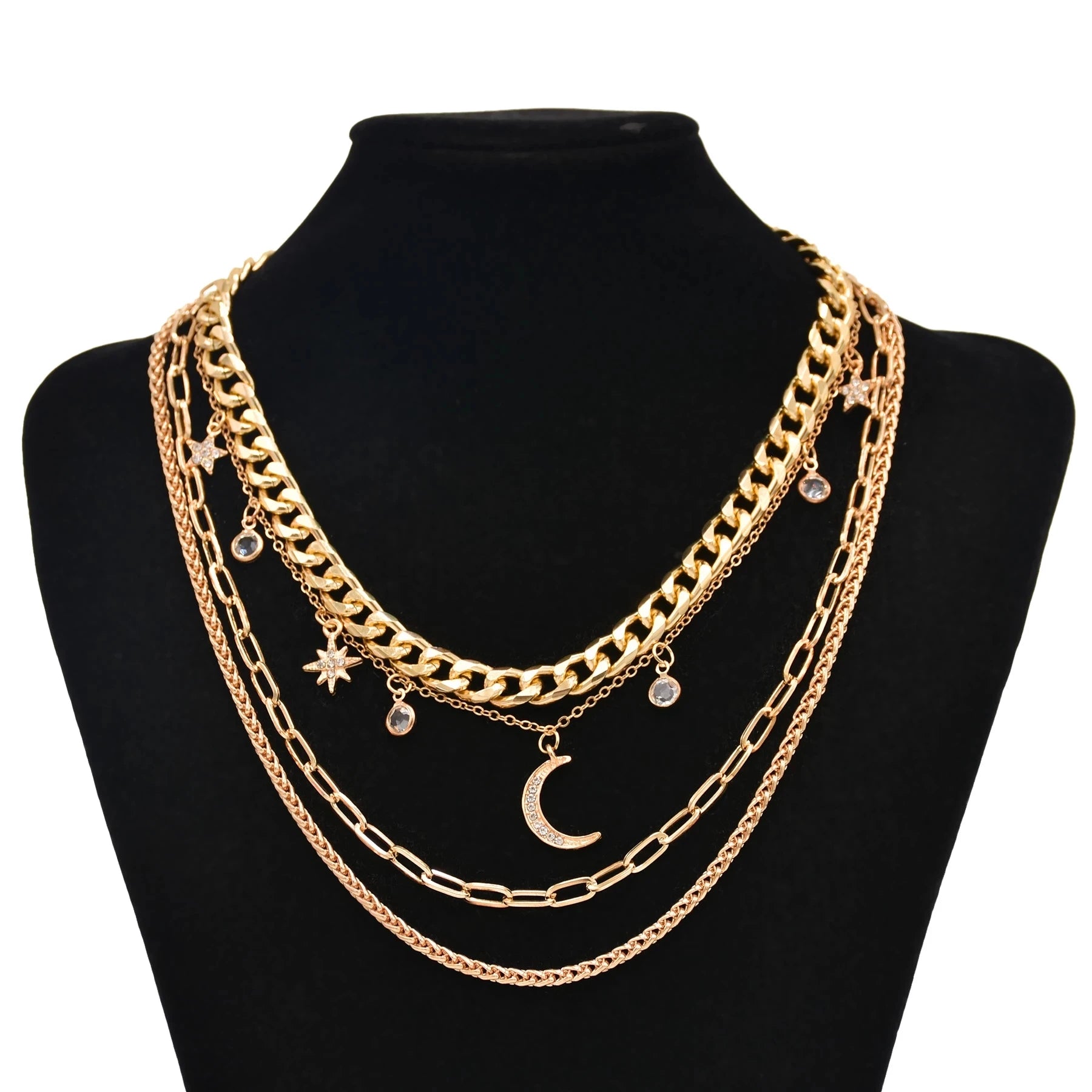 Fashion Gold Silver Moon Star Multilayer Alloy Necklace Jewelry Women Gifts