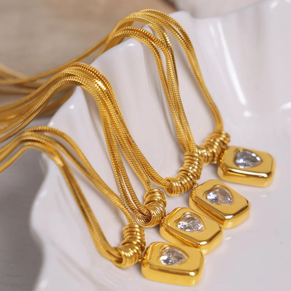 Trendy Crystal Geometric Peach Heart Love Pendant Chain Light Luxury Double Layer Snake Bone Chain Titanium Steel Necklace