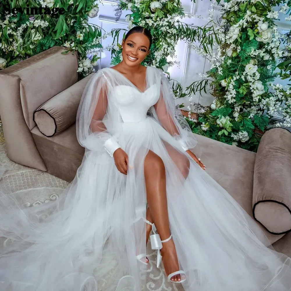 Wedding African Bridal Shower Dresses Off Shoulder Long Sleeve Side Split Pleats Wedding White Bride Robes MW398