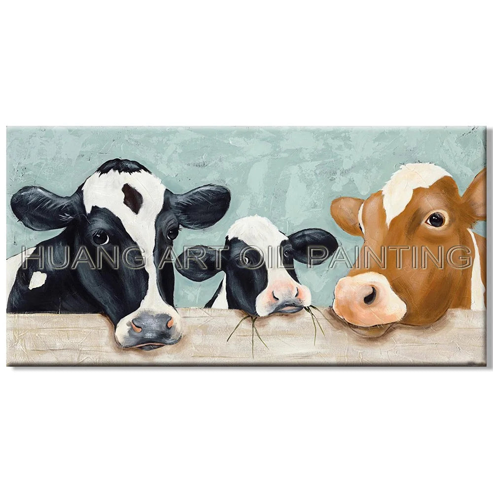 Funny Animal Cows Oil Painting Hand-Painted by Artist 3 Cow Family Design for Living Room Funny Designed Canvas