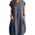 2025 Spring Summer Women's Casual Cotton Linen Dress Simple Solid Color Pocket Short Sleeve Loose Dress