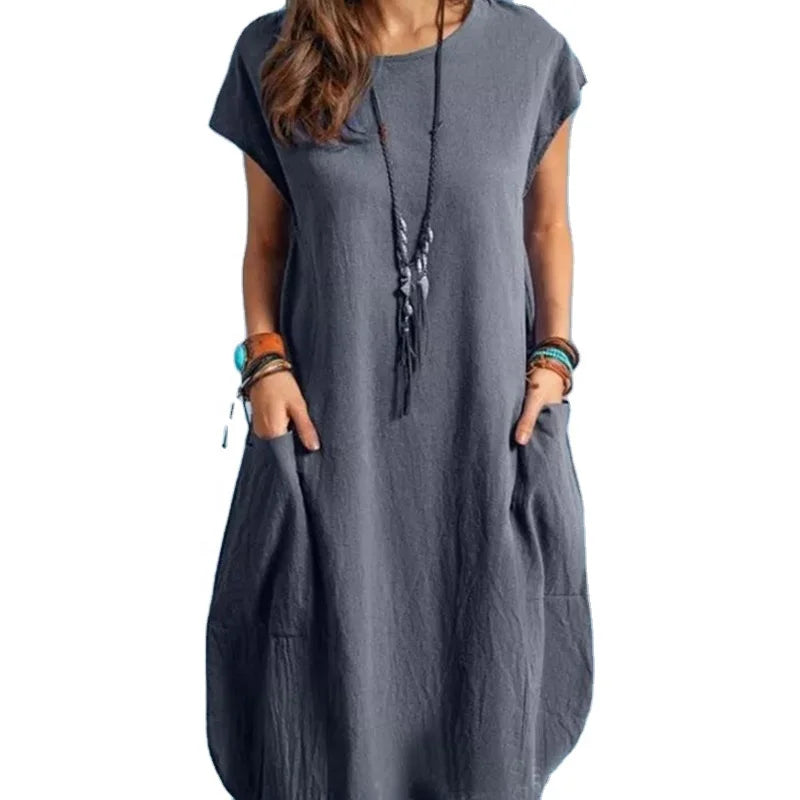 2025 Spring Summer Women's Casual Cotton Linen Dress Simple Solid Color Pocket Short Sleeve Loose Dress
