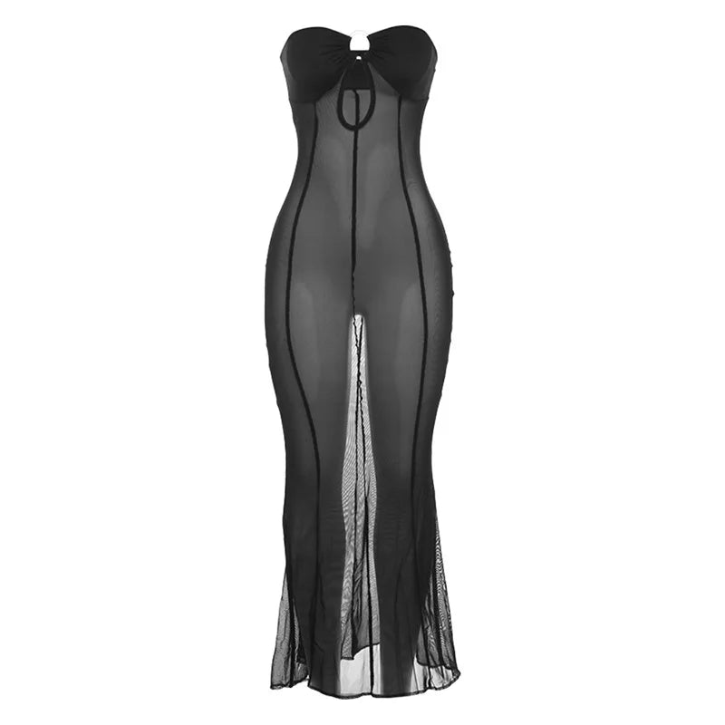 New Fashion Off Shoulder See Through Mesh Sleeveless Dress Sexy Long Dresses for Women