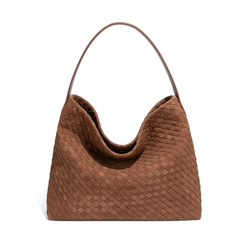 Retro Large-capacity Merad Style Weaved Handbag Luxury Hand-woven Women's Shoulder Bag OEM Knitted Suede Leather Bucket Tote Bag