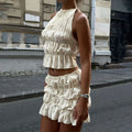 Kliou K24S55033 New Arrivals Women's Sets Lace Ruched Skirt Sets Sleeveless Tops+mini Skirt 2 Piece Set Women