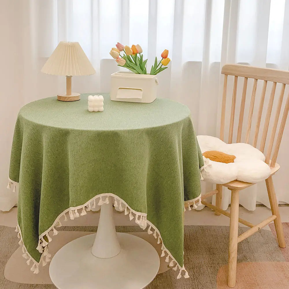 Wholesale Green Blue Brown Solid Rectangle Tablecloth With Tassels for Round Tea Tables Polyester Blue Green White Tablecloths