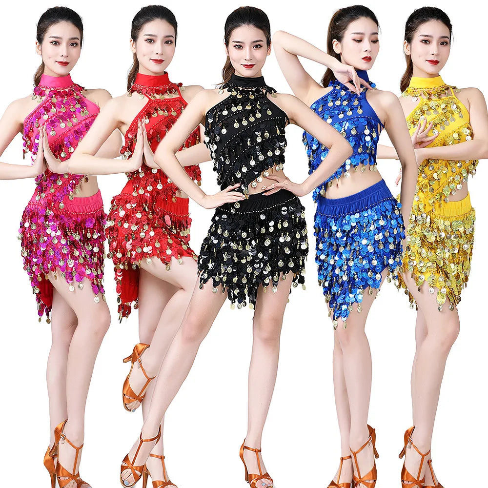 New Sequin Dance Costume Stage Fringe Ensemble Latin Belly Skirt