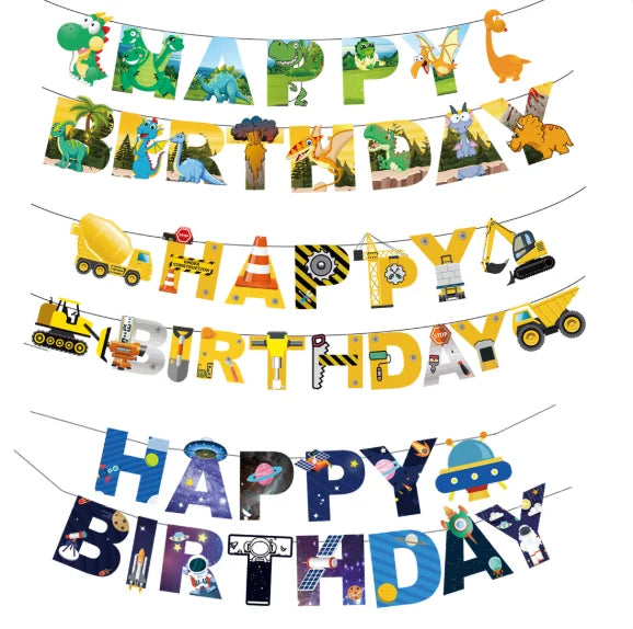 Dinosaur Construction Machine Astronaut Theme Happy Birthday Letter Flag Banner Garland Boys Girls Birthday Party Decor Supplies