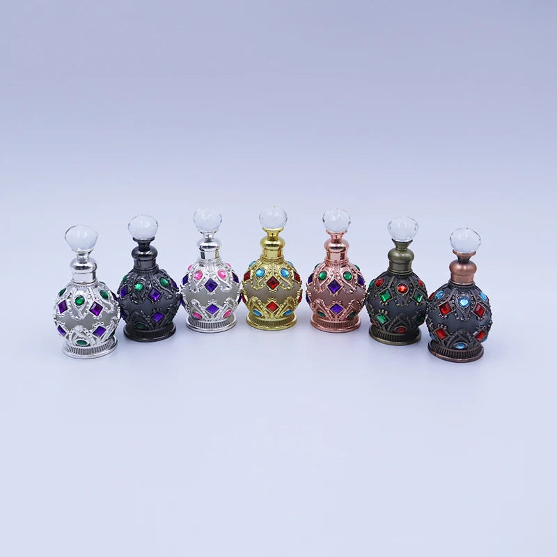 Wholesale Hot Selling 15ml Metal Alloy Gem Dropper Perfume Bottle Glass Essential Oil Atal Bottle with Hot Stamping