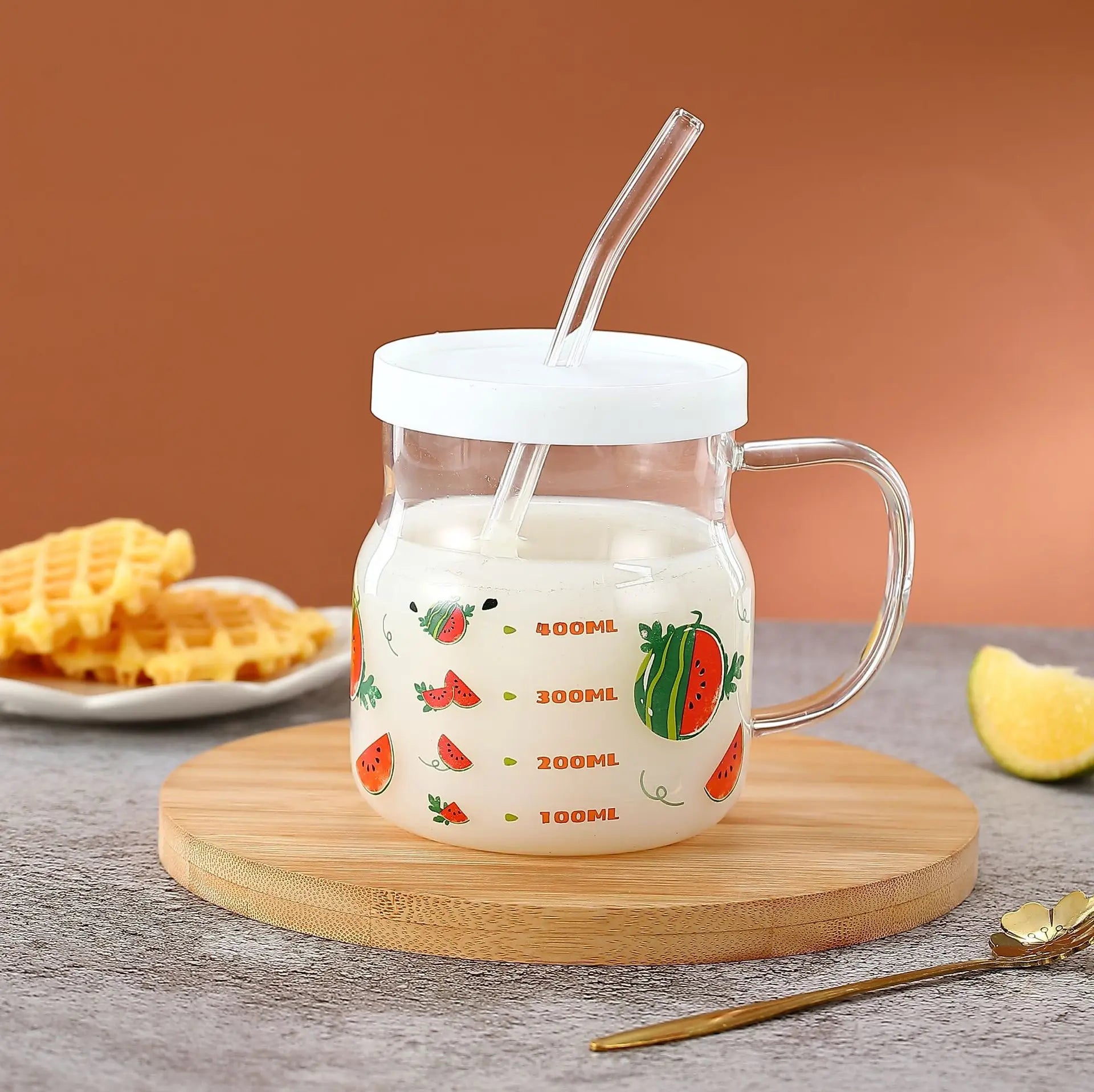 Hxglass Borosilicate Glass Cute Children Cup Scale Household Water Juice Milk Beverage Glass Tumbler with Handle and Straw