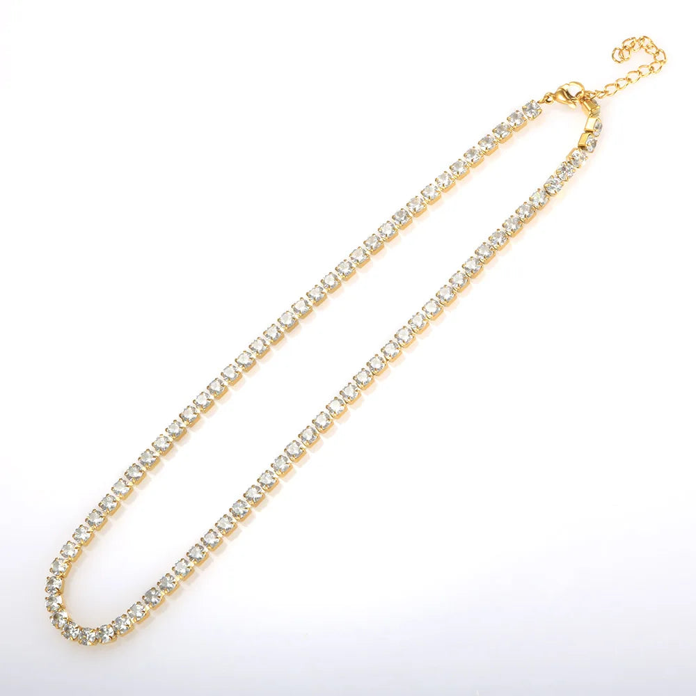 Luxury Stainless Steel 18K Gold Plated Cubic Zirconia 4mm Tennis Chain Choker Necklace for Women Bridal Wedding Jewelry
