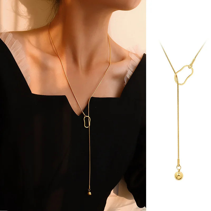Hot Selling Geometric Ball Tassel Adjustable Winter Sweater Necklace Titanium Steel Sweater Chain for Women
