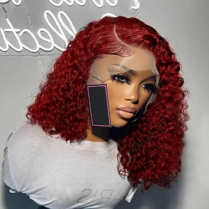 Burgundy 13x4 Short Curly Virgin Brazilian Hair Bob Wig 99J Deep Wave Lace Front Transparent for Lace Water Wave Ready Wear