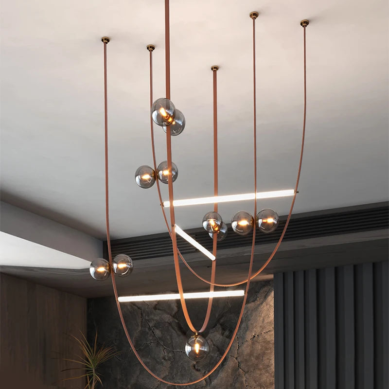 Designer Smoke Grey Lamp Shade Hanging Decorative Indoor Living Room Custom Lamps Glass Ball Leather Chandelier