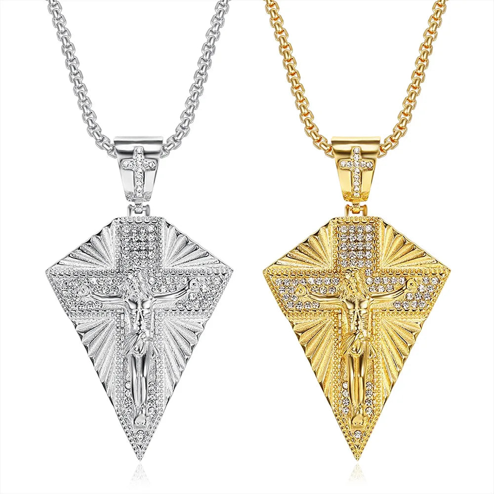 Gold Plated Cross Zircon Pendant Necklace Stainless Steel Jesus Religious Sweater Chain Geometric Jewelry for Men