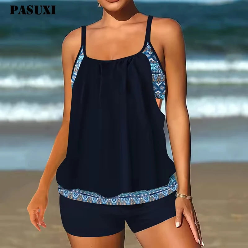 PASUXI 2025 New Tankini Swimsuits for Women Flowy Two Piece Bathing Suits Beach Swimwear with Shorts High Waisted Bikini Set