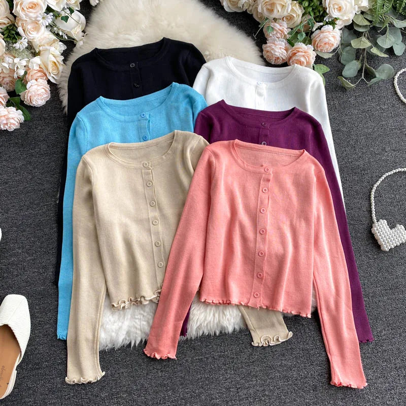 Women Autumn Spring Button Front Crop Knitted Top O-neck Ribbed Knit Cardigans Crop Knitted Soft Sweater for Women Candy Colors
