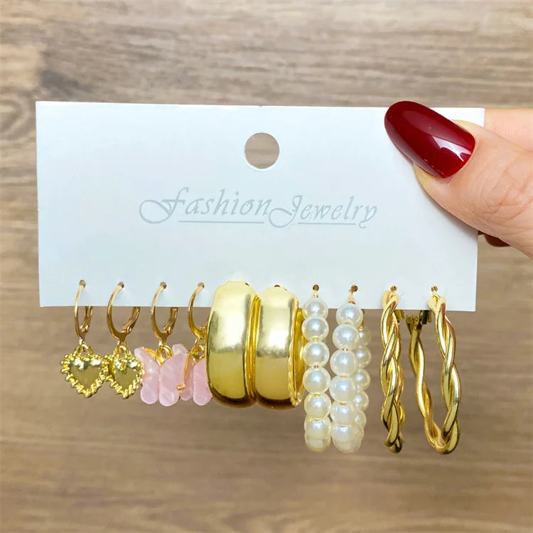 VKME Creative Personality Punk Style Butterfly Drop Earring Set Alloy Pearl Large Hoop Earrings Fashion Jewelry