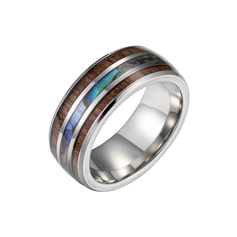 8mm Wide Hawaiian Koa Wood and Abalone Shell Opal Inlay Mens Stainless Steel Ring Custom Opal Wood Ring