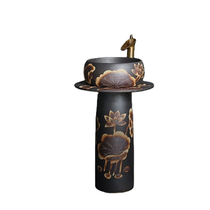 China Wholesale Hand Painted Lotus Pattern Sanitary Ware Ceramic Hand Wash Pedestal Basin for Washroom Corner