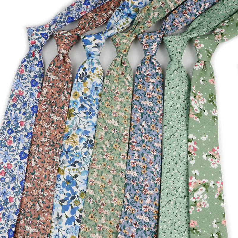 Floral Print Tie for Men Cotton Skinny Neck Tie for Wedding Casual Mens Neckties Classic Suits Slim Neck Ties Cravat
