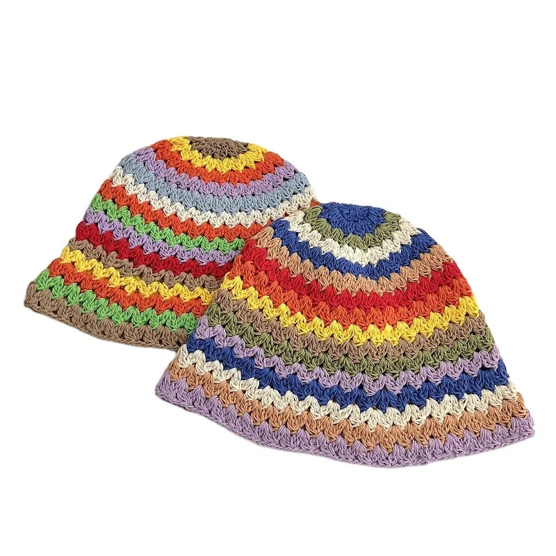 Colorful Summer Rainbow Handmade Crochet Fisherman Cap Hollow Flower Sun Cap Knit Bucket Hats for Women