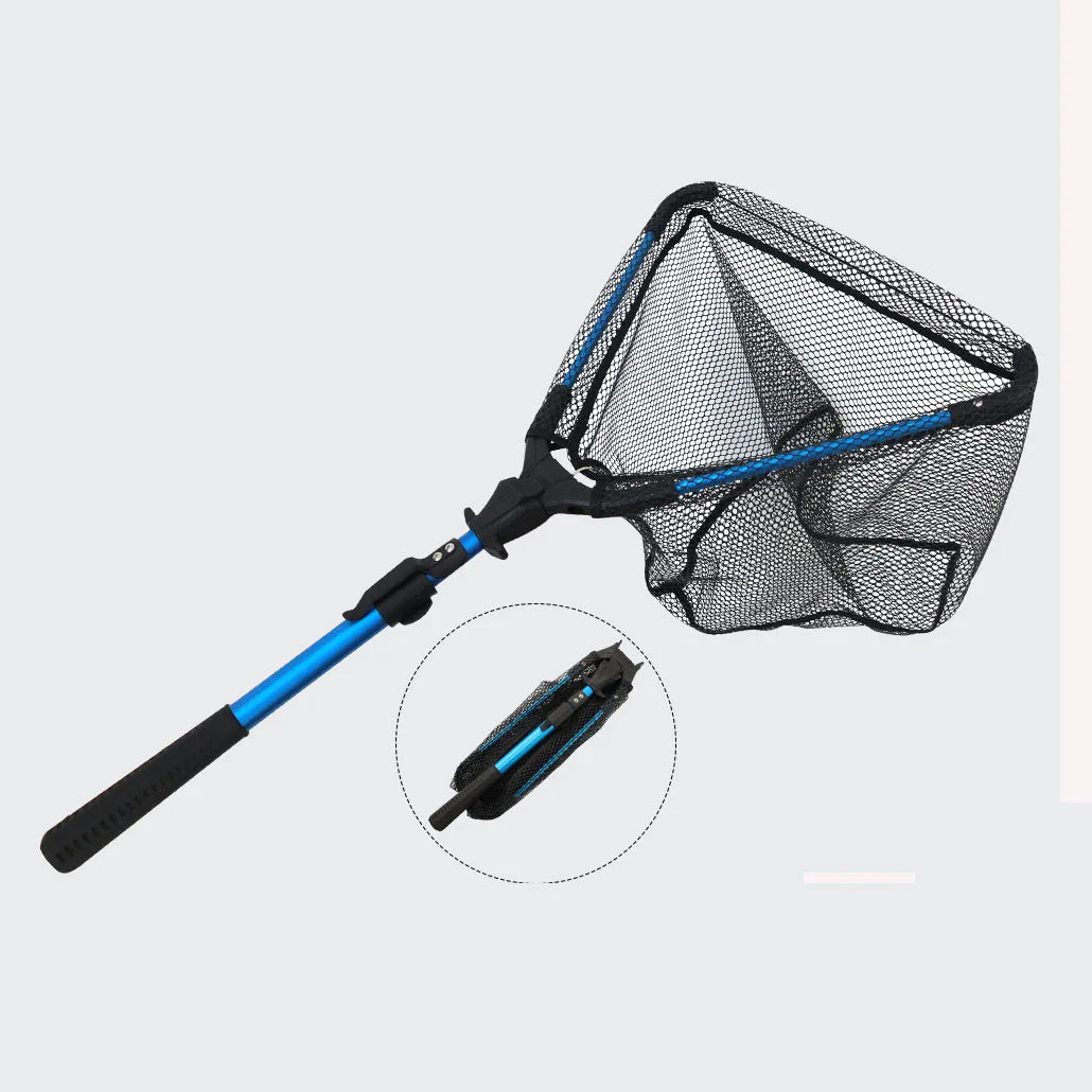 Aluminum Alloy & Rubber Coated Fish Landing Net Foldable Telescopic Sea Fly Floating Fishing Hand Net Single PE Plastic Knot