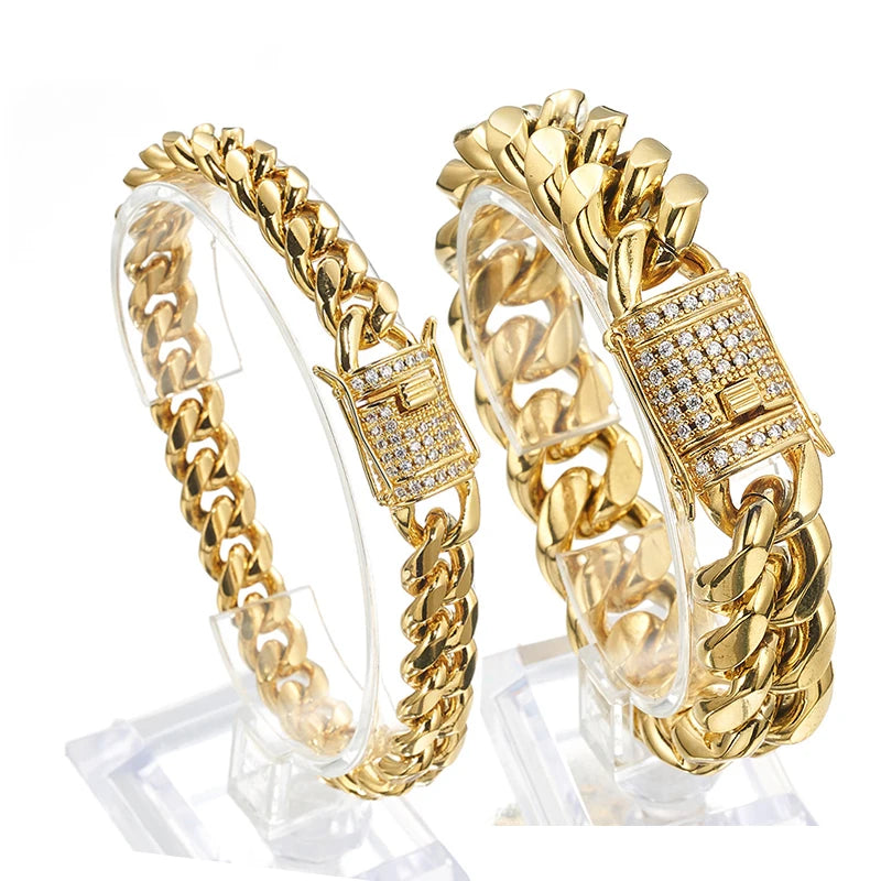 Mens Miami Cuban Link Chain 18K Gold 8/10/12/14/16/18mm Width Stainless Steel Curb Cz Diamond Chain Choker Bracelet