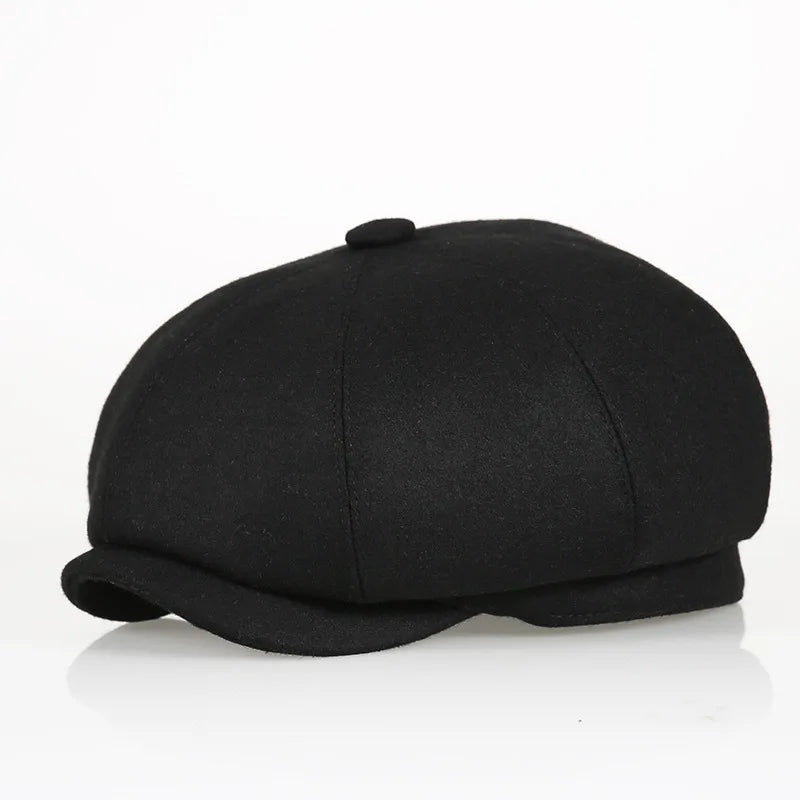 2022 Winter Unisex Vintage Beret Driving Cap British Gatsby Melton Woolen Newsboy Cap New Plain Black Cabbie Hat for Sports