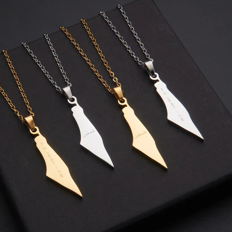 Fashion Glossy Gold Plated Palestine Map Necklace Stainless Steel Alphabet Map Pendant Necklace