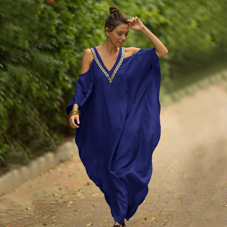 New Solid Color Beach Cover Ups Hanging Strap Embroidered Vacation Robe