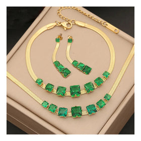 Stainless Steel Necklace Sets Earring Bracelet Gold With Emerald Green Zircon Diamonds Jewelry Sets